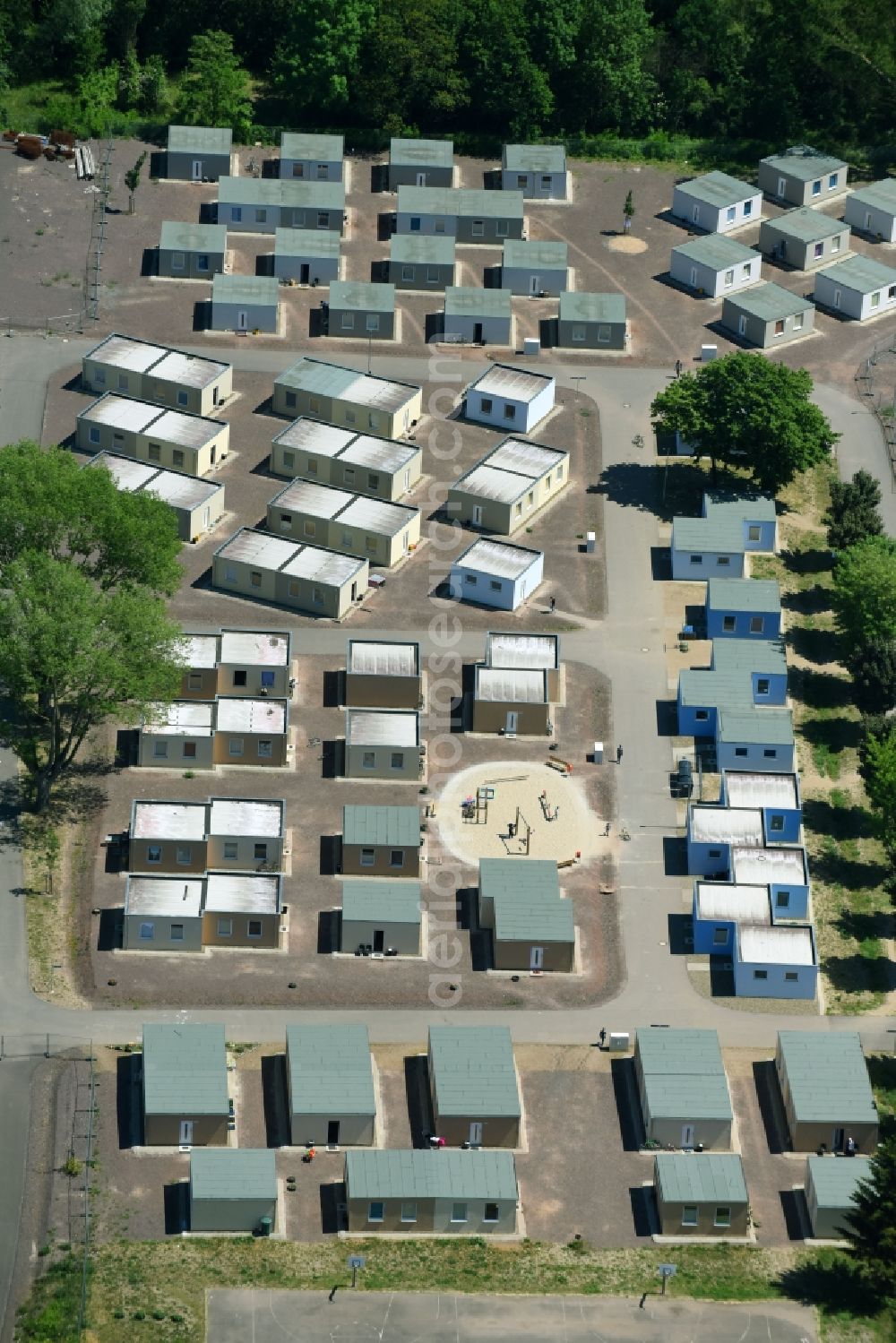 Herrenkrug from the bird's eye view: Container settlement as temporary shelter and reception center for refugees in Herrenkrug in Magdeburg in the state Saxony-Anhalt, Germany