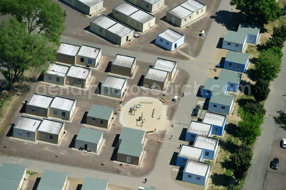 Herrenkrug from above - Container settlement as temporary shelter and reception center for refugees in Herrenkrug in Magdeburg in the state Saxony-Anhalt, Germany