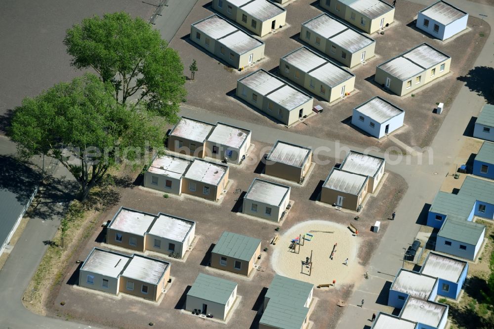 Herrenkrug from the bird's eye view: Container settlement as temporary shelter and reception center for refugees in Herrenkrug in Magdeburg in the state Saxony-Anhalt, Germany