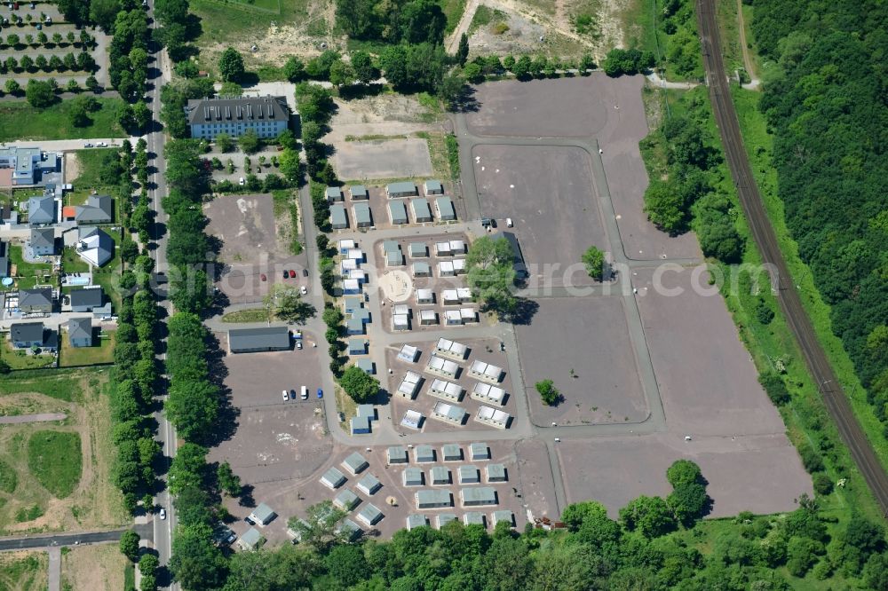 Aerial image Herrenkrug - Container settlement as temporary shelter and reception center for refugees in Herrenkrug in Magdeburg in the state Saxony-Anhalt, Germany