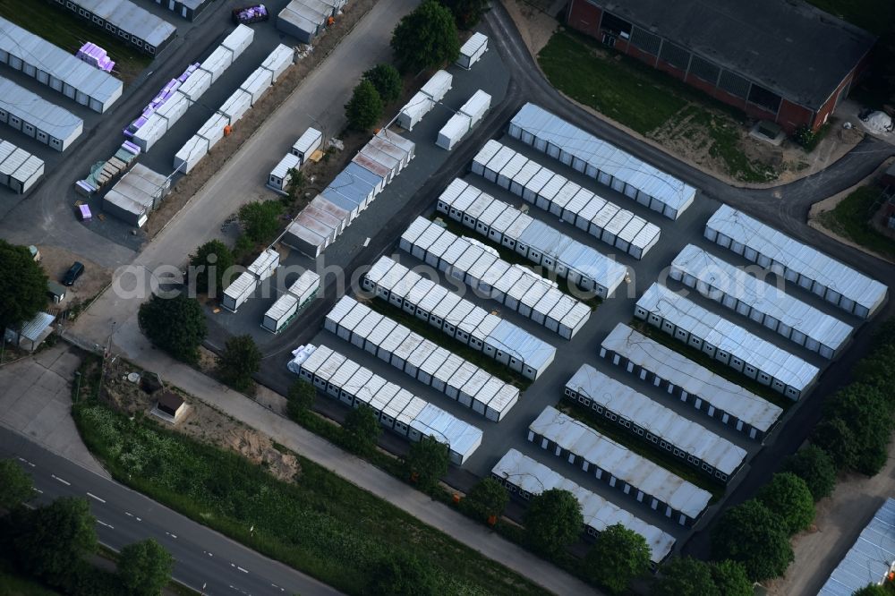 Bad Segeberg from above - Container settlement as temporary shelter and reception center for refugees LevoPark on Bramstedter Landstrasse in Bad Segeberg in the state Schleswig-Holstein