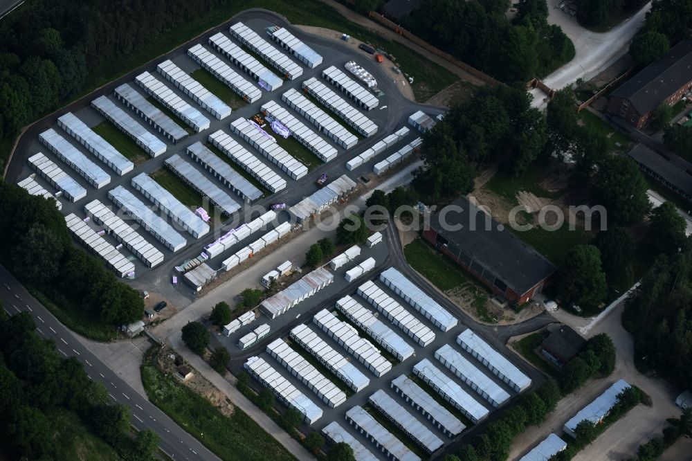 Bad Segeberg from the bird's eye view: Container settlement as temporary shelter and reception center for refugees LevoPark on Bramstedter Landstrasse in Bad Segeberg in the state Schleswig-Holstein