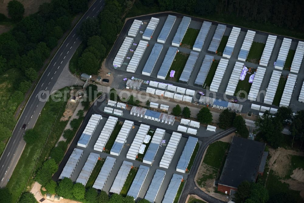 Bad Segeberg from the bird's eye view: Container settlement as temporary shelter and reception center for refugees LevoPark on Bramstedter Landstrasse in Bad Segeberg in the state Schleswig-Holstein