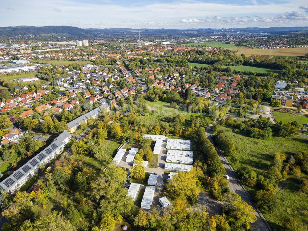 Aerial image Dresden - Container settlement as temporary shelter and reception center for refugees on street Kurt-Tucholsky-Strasse in the district Lockwitz in Dresden in the state Saxony, Germany