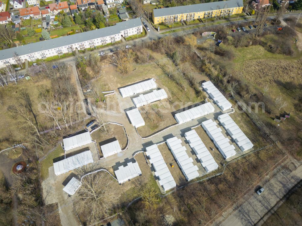 Aerial photograph Dresden - Container settlement as temporary shelter and reception center for refugees on street Kurt-Tucholsky-Strasse in the district Lockwitz in Dresden in the state Saxony, Germany