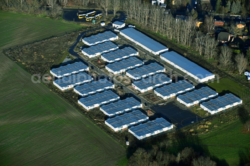 Aerial image Berlin - Refugee home and asylum accommodation container settlement as makeshift accommodation and reception camp in the south of the district in the Blankenfelde district in Berlin, Germany