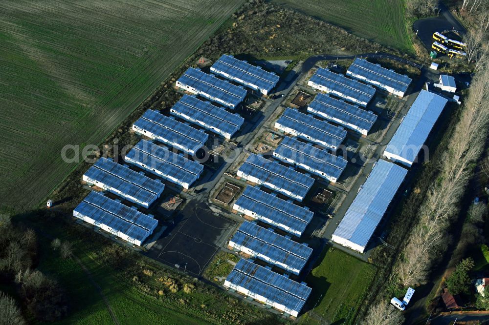 Berlin from above - Refugee home and asylum accommodation container settlement as makeshift accommodation and reception camp in the south of the district in the Blankenfelde district in Berlin, Germany