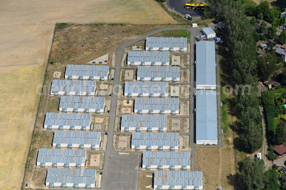 Berlin from the bird's eye view: Refugee home and asylum accommodation container settlement as makeshift accommodation and reception camp in the south of the district in the Blankenfelde district in Berlin, Germany