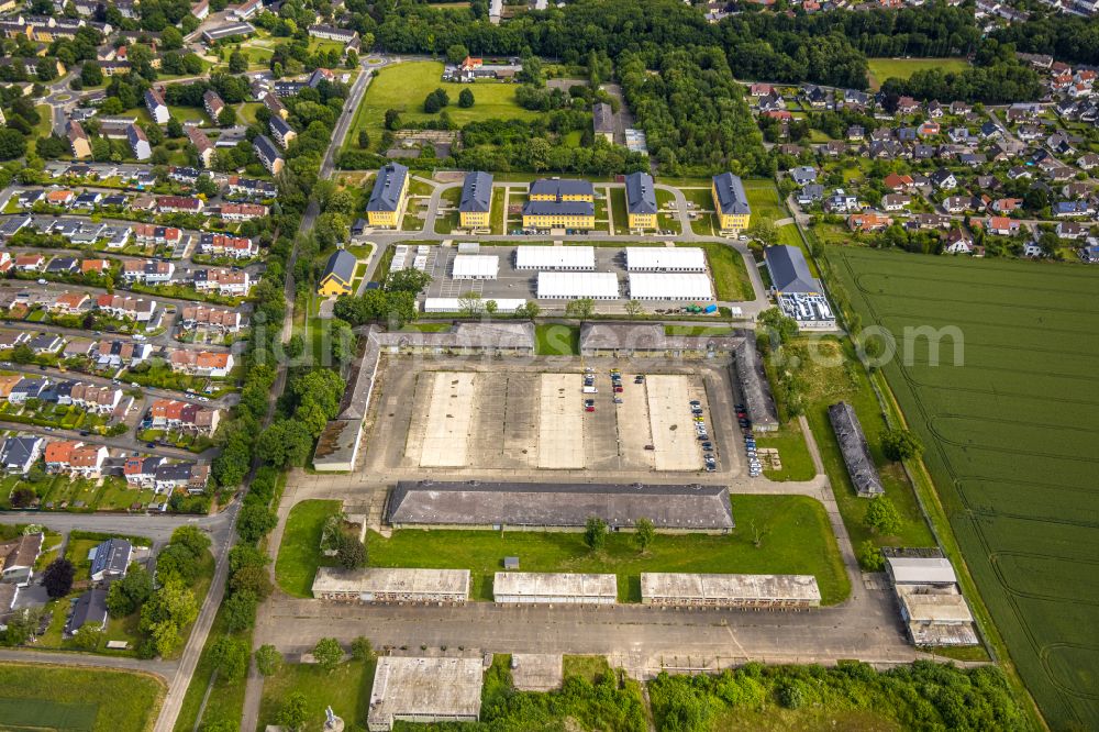 Soest from the bird's eye view: Container settlement as temporary shelter and reception center for refugees on street Belgierweg in Soest in the state North Rhine-Westphalia, Germany