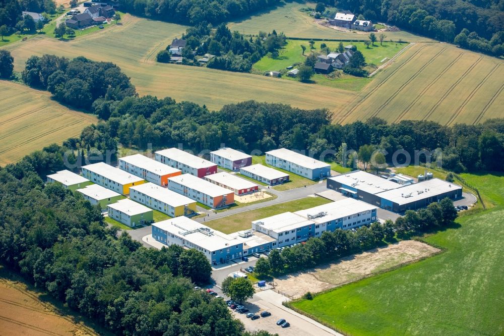 Essen from the bird's eye view: Container settlement as temporary shelter and reception center for refugees destrict Heidhausen in Essen in the state North Rhine-Westphalia