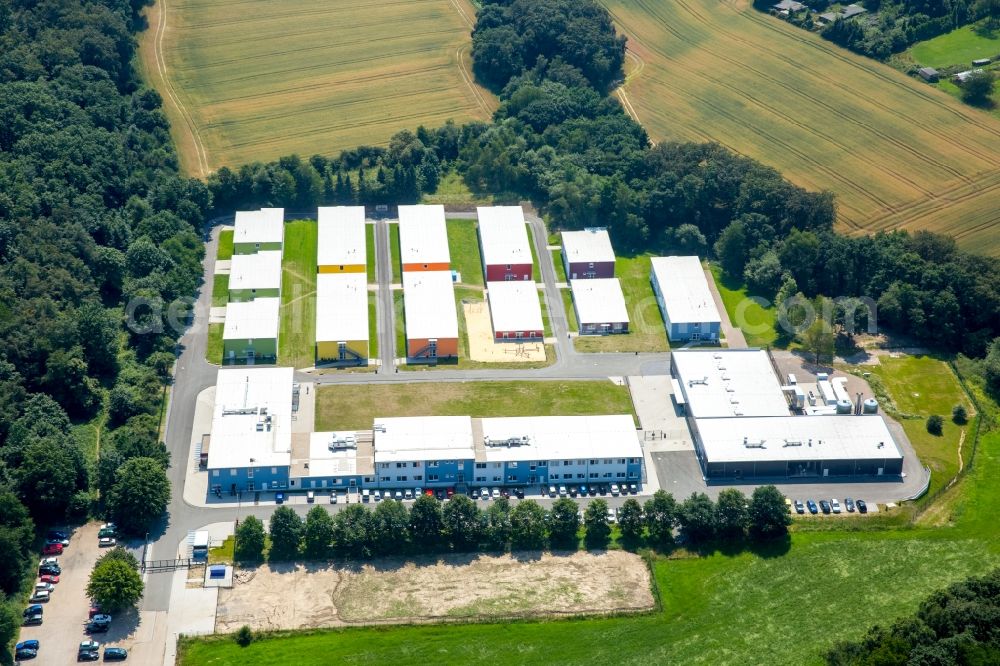 Aerial image Essen - Container settlement as temporary shelter and reception center for refugees destrict Heidhausen in Essen in the state North Rhine-Westphalia