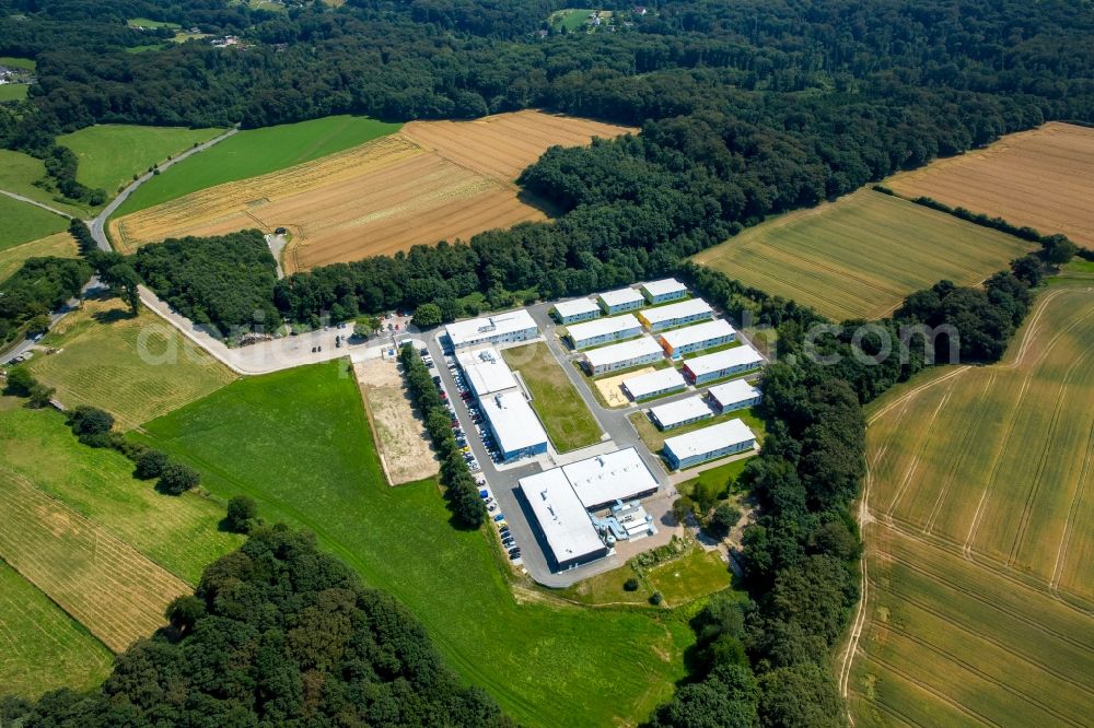 Essen from above - Container settlement as temporary shelter and reception center for refugees destrict Heidhausen in Essen in the state North Rhine-Westphalia