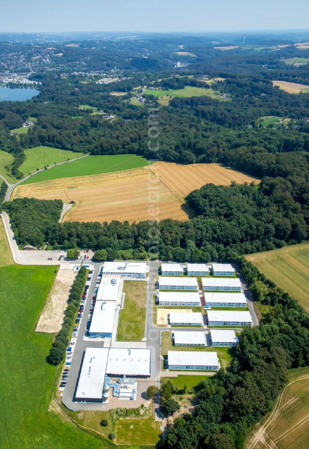 Essen from the bird's eye view: Container settlement as temporary shelter and reception center for refugees destrict Heidhausen in Essen in the state North Rhine-Westphalia