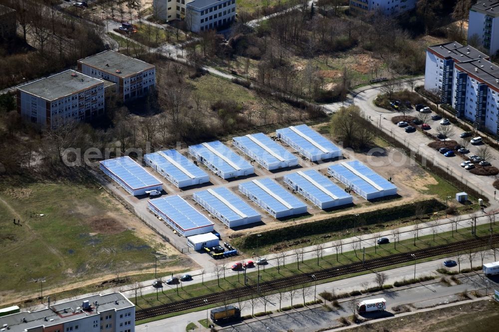 Aerial image Berlin - Container settlement as temporary shelter and reception center for refugees Zossener Strasse in the district Hellersdorf in Berlin