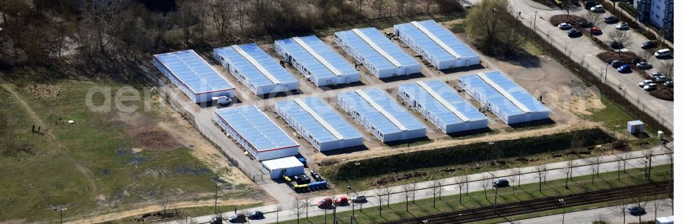 Aerial photograph Berlin - Container settlement as temporary shelter and reception center for refugees Zossener Strasse in the district Hellersdorf in Berlin