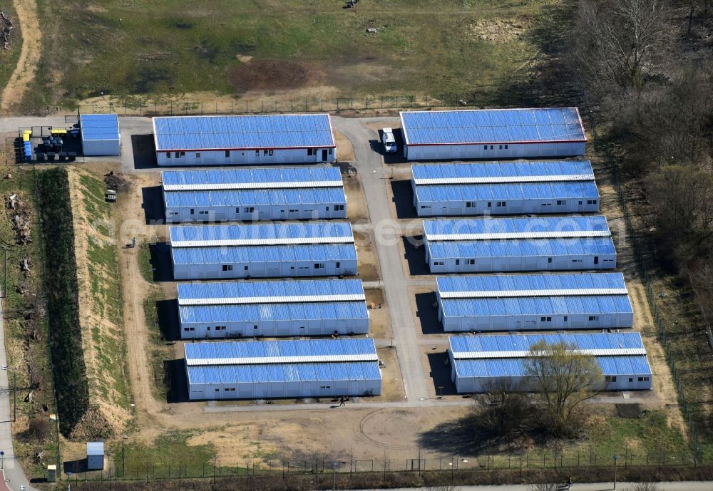 Berlin from above - Container settlement as temporary shelter and reception center for refugees Zossener Strasse in the district Hellersdorf in Berlin