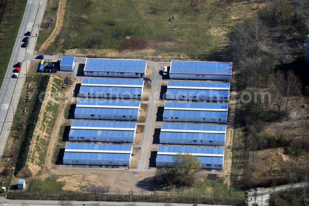 Aerial image Berlin - Container settlement as temporary shelter and reception center for refugees Zossener Strasse in the district Hellersdorf in Berlin