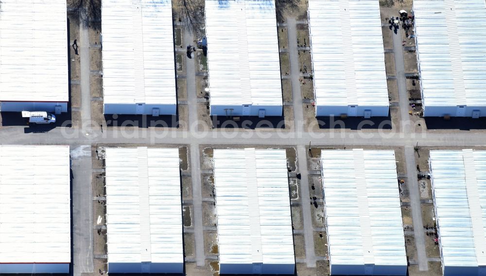 Berlin from the bird's eye view: Container settlement as temporary shelter and reception center for refugees Zossener Strasse in the district Hellersdorf in Berlin