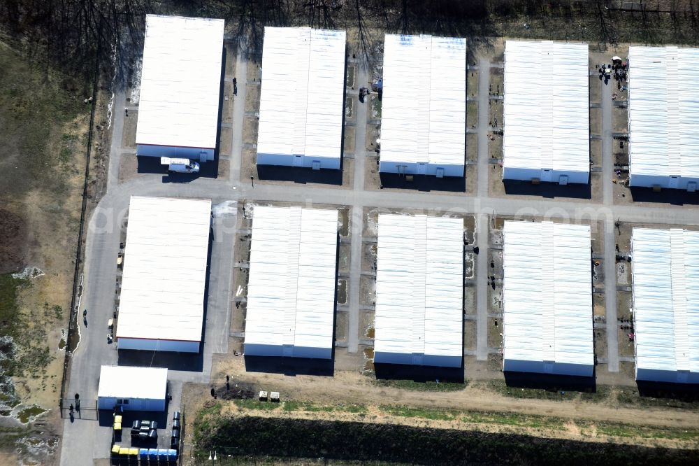 Aerial photograph Berlin - Container settlement as temporary shelter and reception center for refugees Zossener Strasse in the district Hellersdorf in Berlin