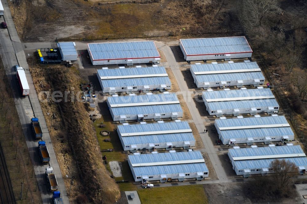 Berlin from the bird's eye view: Container settlement as temporary shelter and reception center for refugees Zossener Strasse in the district Hellersdorf in Berlin