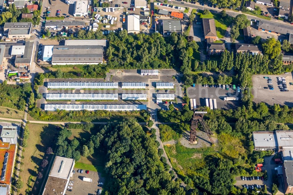 Bochum from above - Container settlement as temporary shelter and reception center for refugees on Emil-Weitz-Strasse in the district Wattenscheid in Bochum in the state North Rhine-Westphalia, Germany