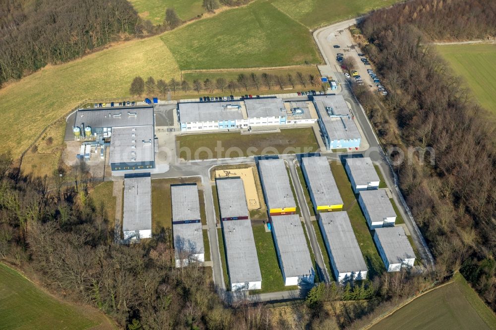 Aerial image Essen - Container settlement as temporary shelter and reception center for refugees and Erstaufnahmeeinrichtung Overhammshof in Essen in the state North Rhine-Westphalia, Germany