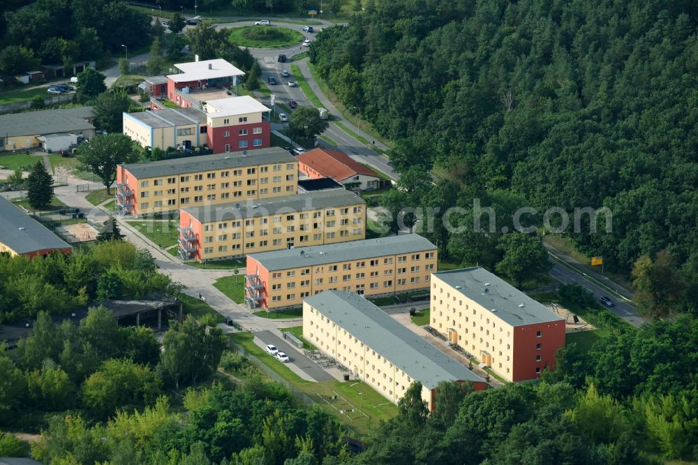 Hennigsdorf from the bird's eye view: Refugee - buildings on the former Gelaende of Clara-Zetkin-Kaserne in Hennigsdorf in the state Brandenburg, Germany