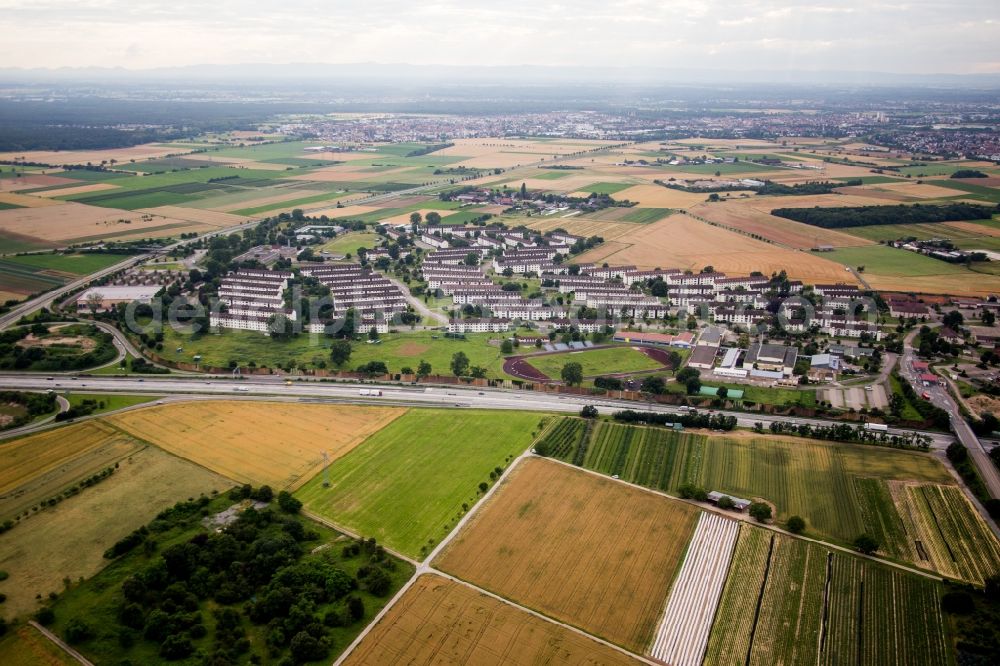 Aerial image Heidelberg - Refugee - buildings Erstaufnahmeeinrichtung of Lanof Baden-Wuerttemberg in the district Patrick-Henry-Village in Heidelberg in the state Baden-Wuerttemberg, Germany