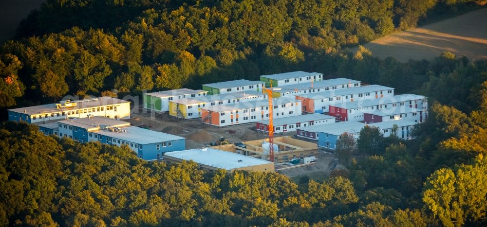 Essen from the bird's eye view: Construction site for the new building of Asylum accommodation buildings on the ex-Kutel-Areal in Fischlaken in Essen in the state North Rhine-Westphalia