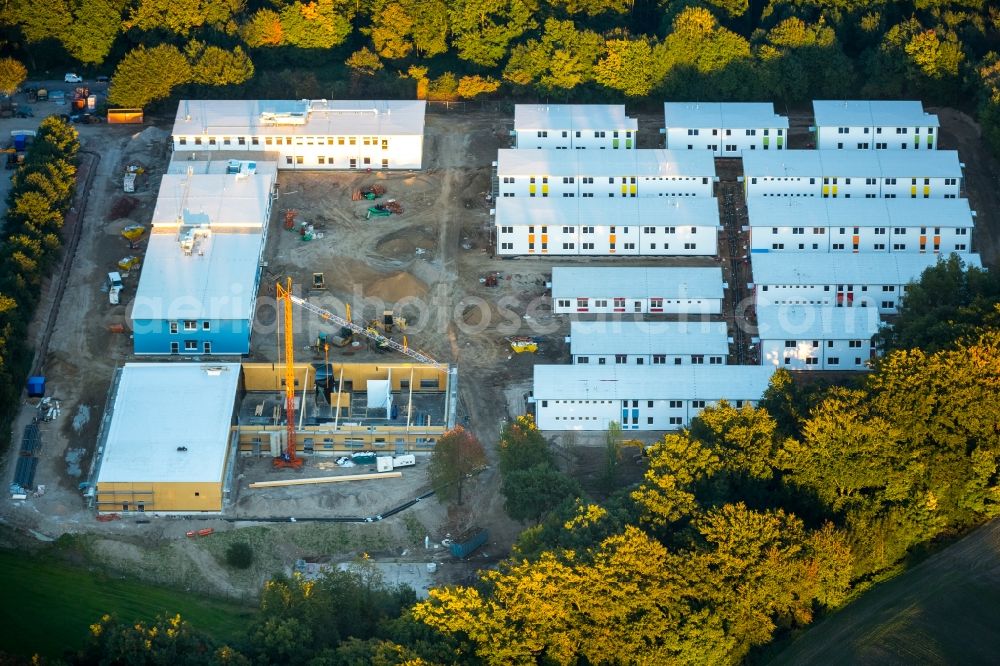 Aerial photograph Essen - Construction site for the new building of Asylum accommodation buildings on the ex-Kutel-Areal in Fischlaken in Essen in the state North Rhine-Westphalia