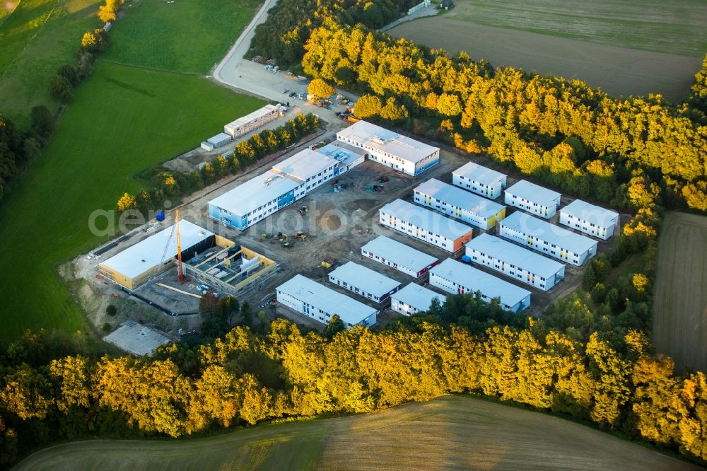 Essen from the bird's eye view: Construction site for the new building of Asylum accommodation buildings on the ex-Kutel-Areal in Fischlaken in Essen in the state North Rhine-Westphalia