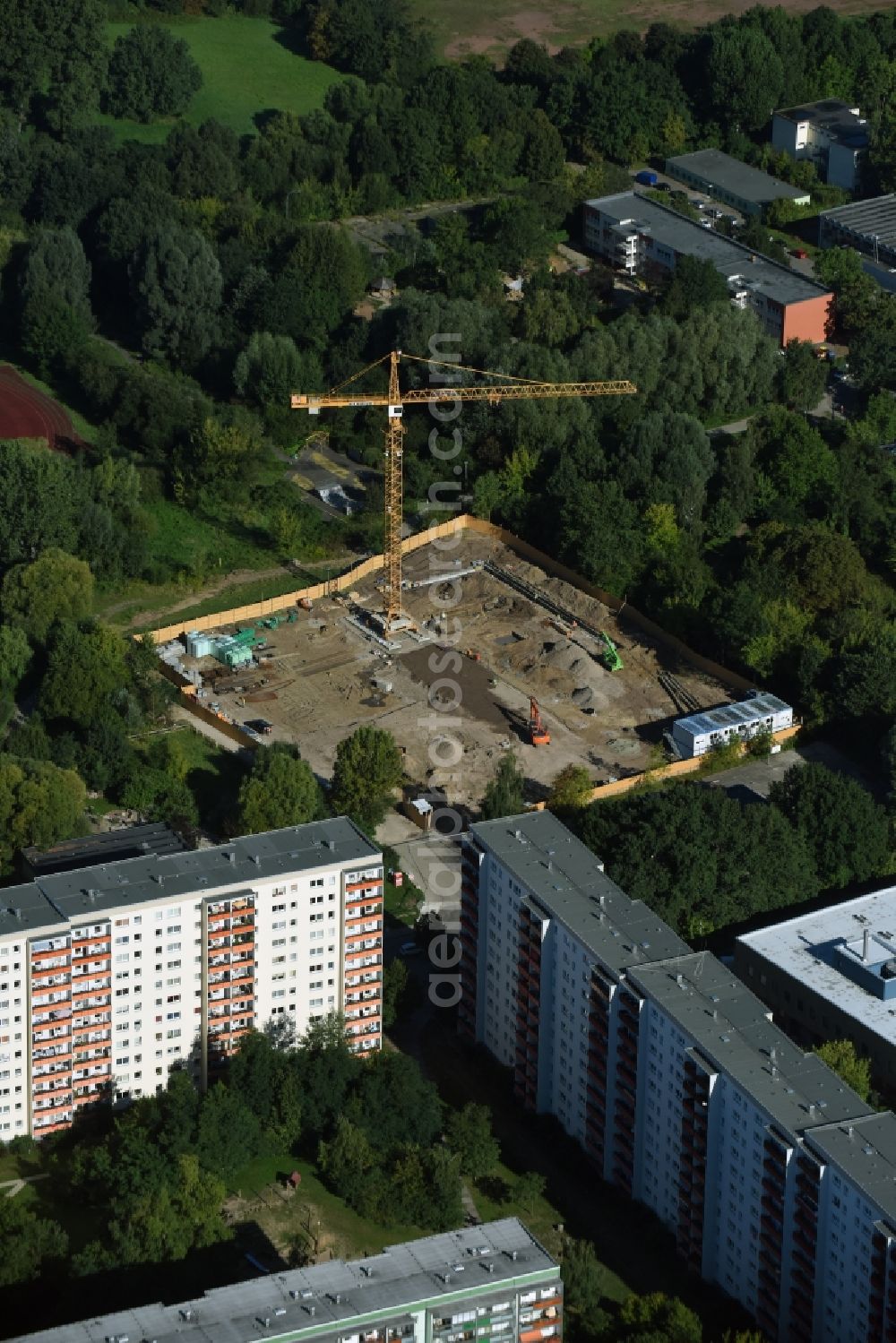 Berlin from above - Construction site of new asylum accommodation buildings on Wolfgang-Heinz-Strasse in the Buch part of the district of Pankow in Berlin