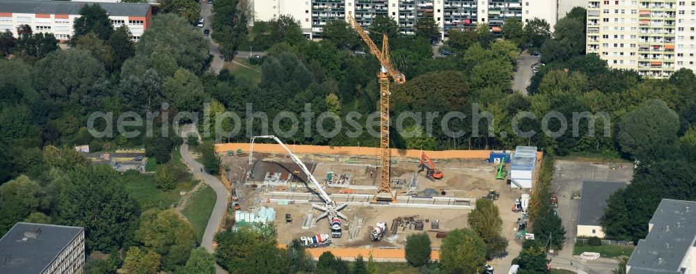 Berlin from above - Construction site of new asylum accommodation buildings on Wolfgang-Heinz-Strasse in the Buch part of the district of Pankow in Berlin