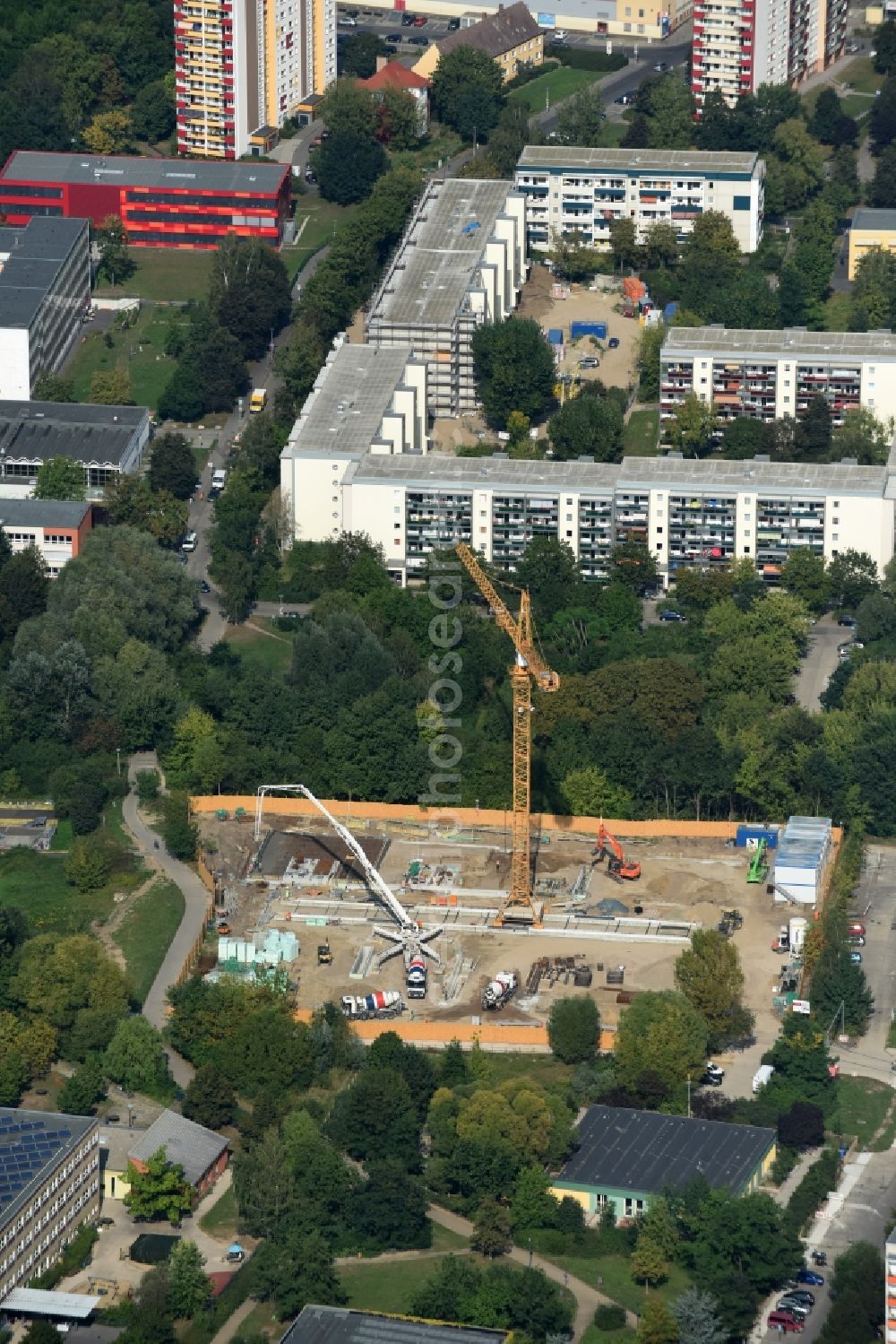 Berlin from the bird's eye view: Construction site of new asylum accommodation buildings on Wolfgang-Heinz-Strasse in the Buch part of the district of Pankow in Berlin