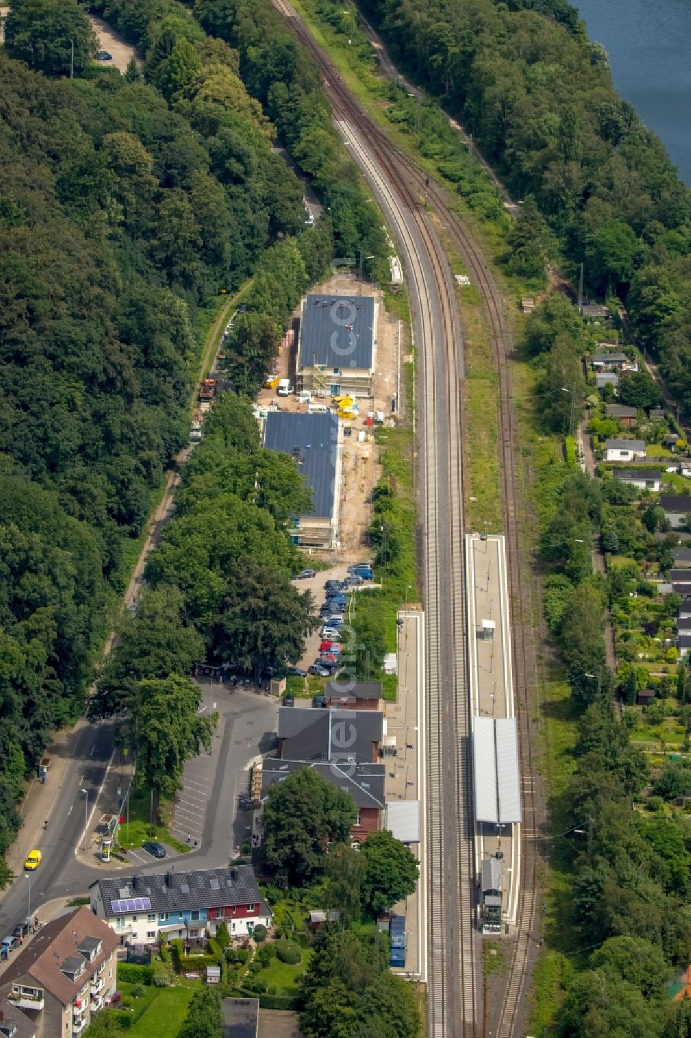 Aerial image Essen - Construction site for the new building of Asylum accommodation buildings an der Ruhrtalstrasse am S-Bahnhof Kettwig in Essen in the state North Rhine-Westphalia