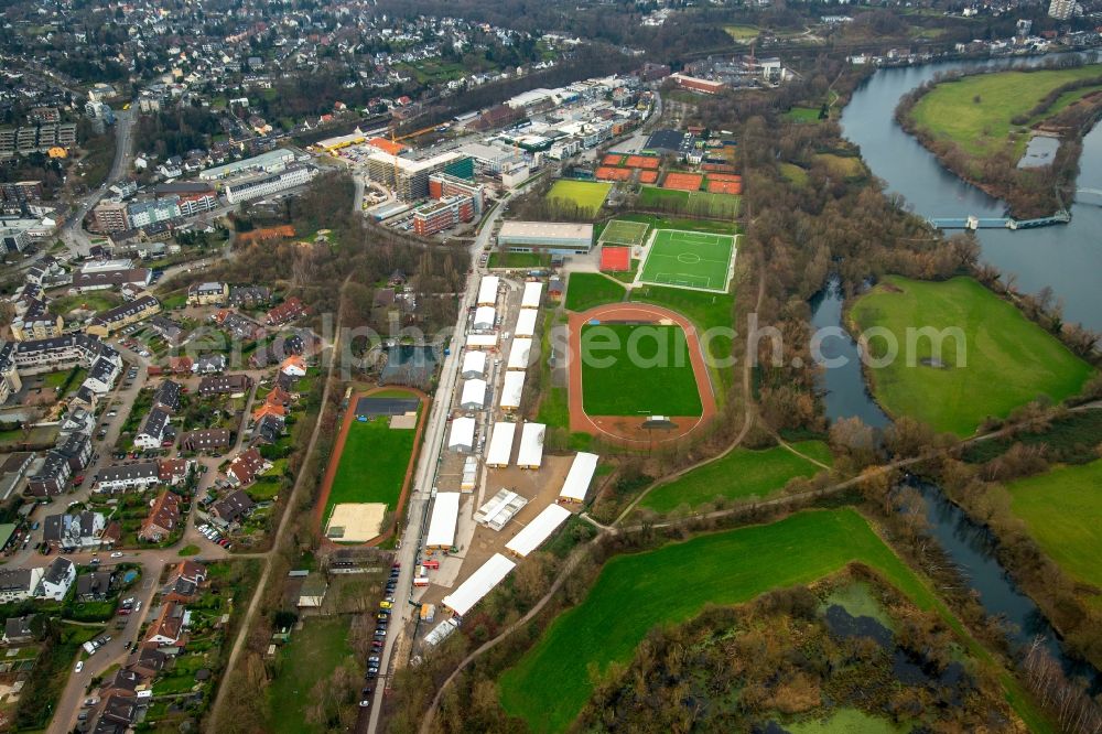 Mülheim an der Ruhr from above - Construction site for the new building of Asylum accommodation buildings place Saarner Kirmesplatz on Stadium in Muelheim an der Ruhr in the state North Rhine-Westphalia