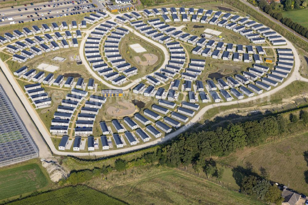 Venlo from above - Refugee - buildings of mobile homes arranged in a circle on street Venrayseweg in Venlo in Limburg, Netherlands