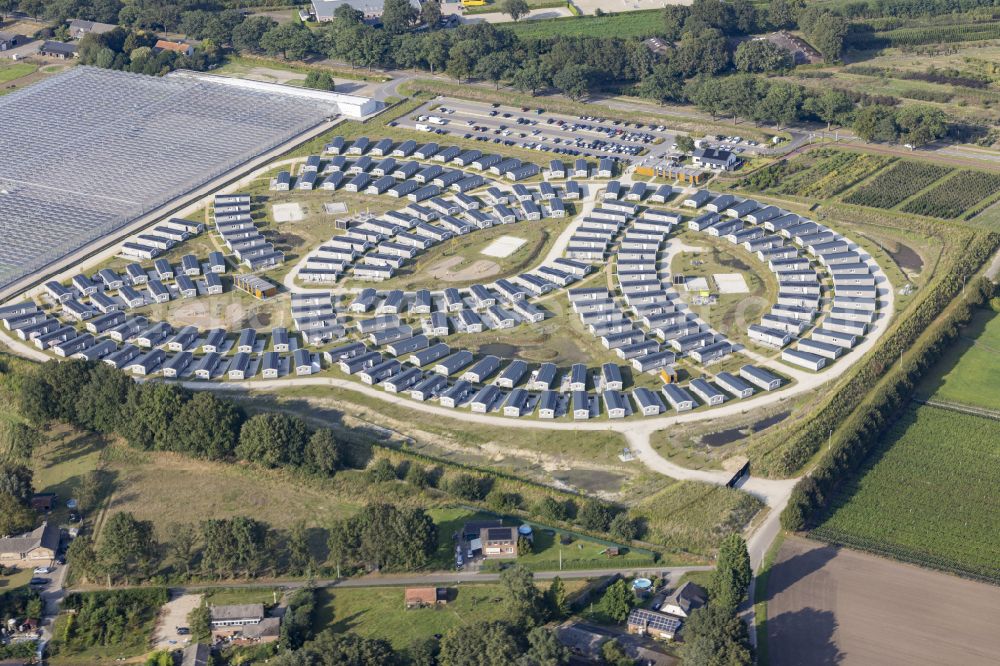 Venlo from above - Refugee - buildings of mobile homes arranged in a circle on street Venrayseweg in Venlo in Limburg, Netherlands