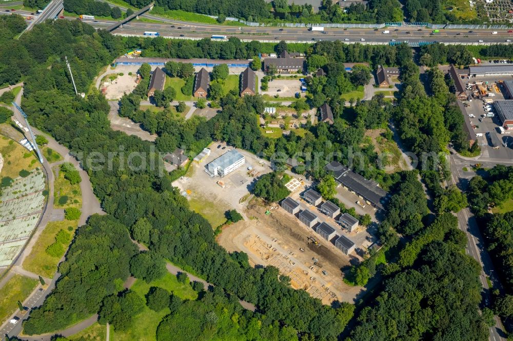 Aerial photograph Gelsenkirchen - Construction site to build Fluechtlingsheim- and Asylunterkunft- buildings on the grounds of THW Adenauerallee Gelsenkirchen in North Rhine-Westphalia