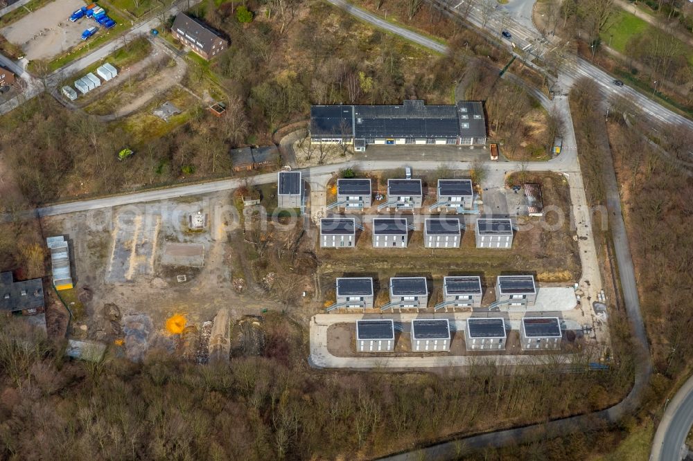 Gelsenkirchen from the bird's eye view: Construction site to build Fluechtlingsheim- and Asylunterkunft- buildings on the grounds of THW Adenauerallee Gelsenkirchen in North Rhine-Westphalia