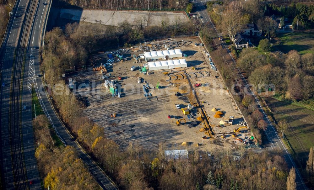 Aerial image Bochum - Construction site for the new building of Asylum accommodation buildings - Tent city building a refugee camp in lightweight construction on the former parking lot in Bochum in the state North Rhine-Westphalia