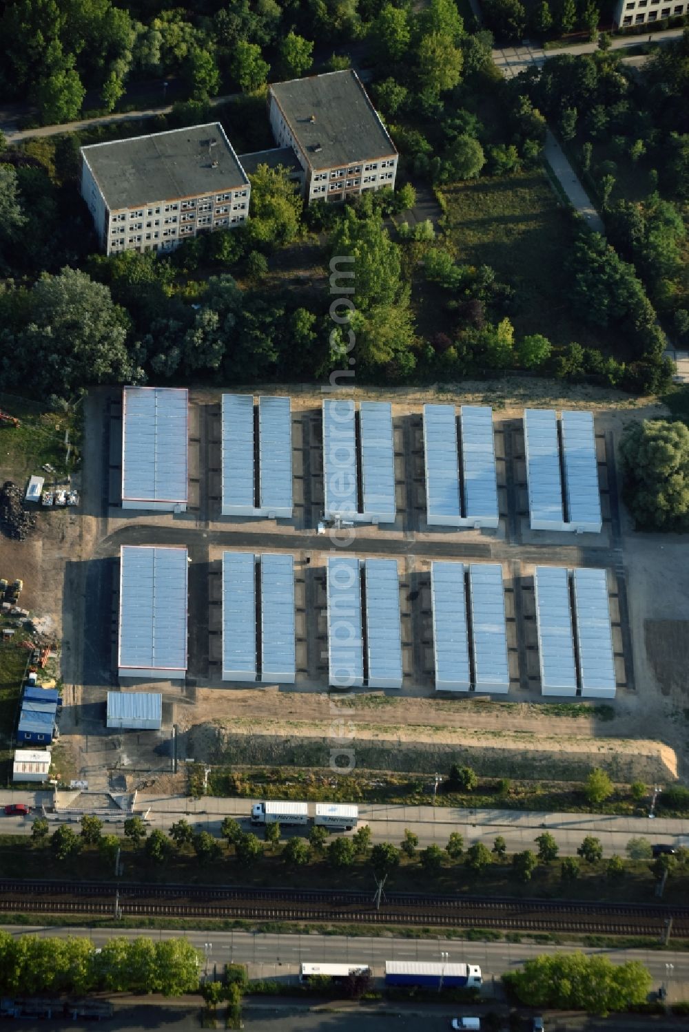 Berlin from above - Construction site for the new building of Asylum accommodation buildings Zossener Strasse in Berlin