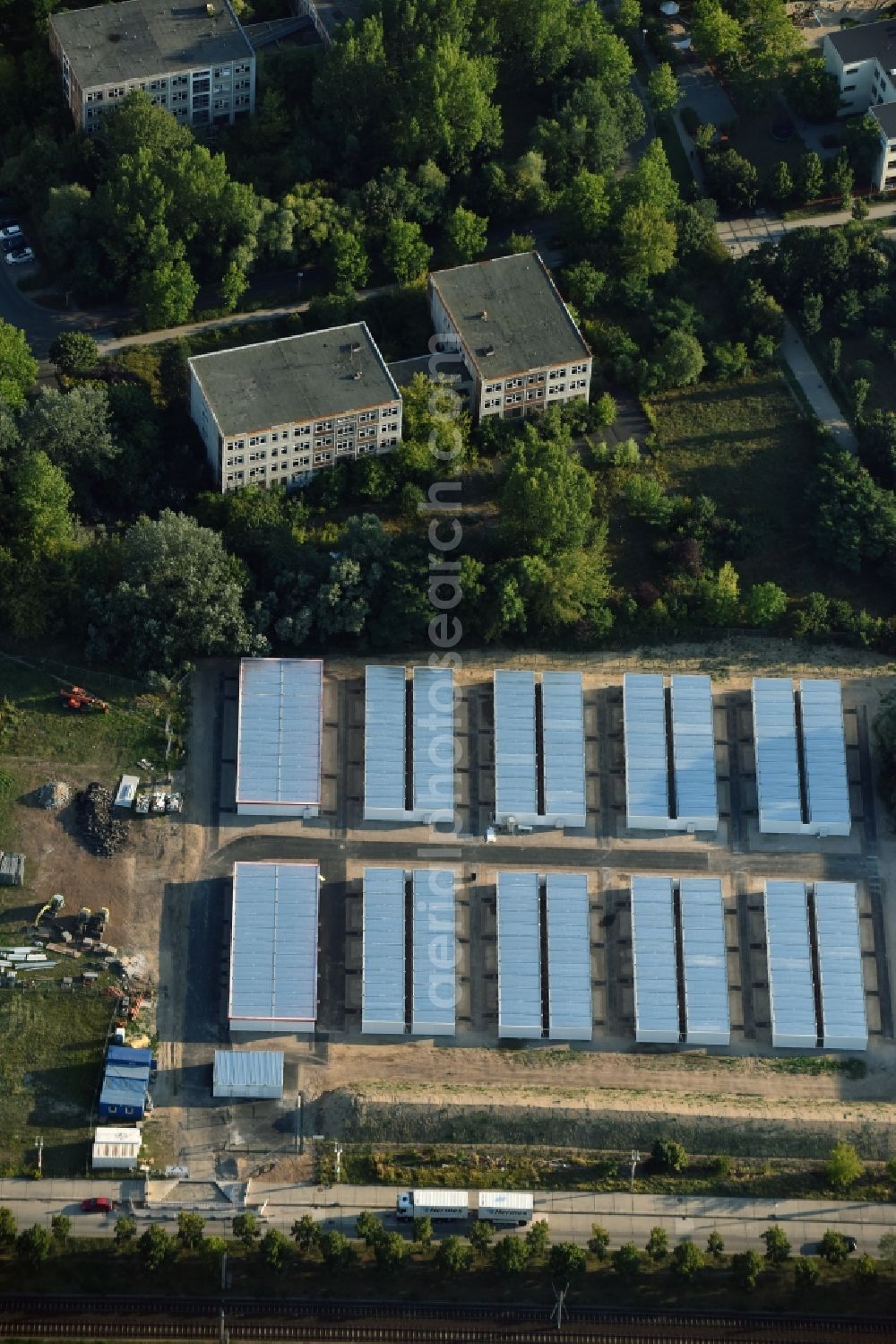 Berlin from the bird's eye view: Construction site for the new building of Asylum accommodation buildings Zossener Strasse in Berlin