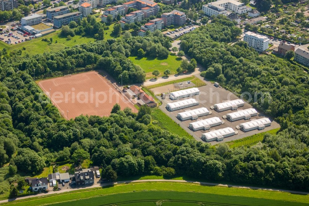 Bochum from the bird's eye view: Refugees Home camp as temporary shelter of BAMF in the district Wattenscheid in Bochum in the state North Rhine-Westphalia, Germany