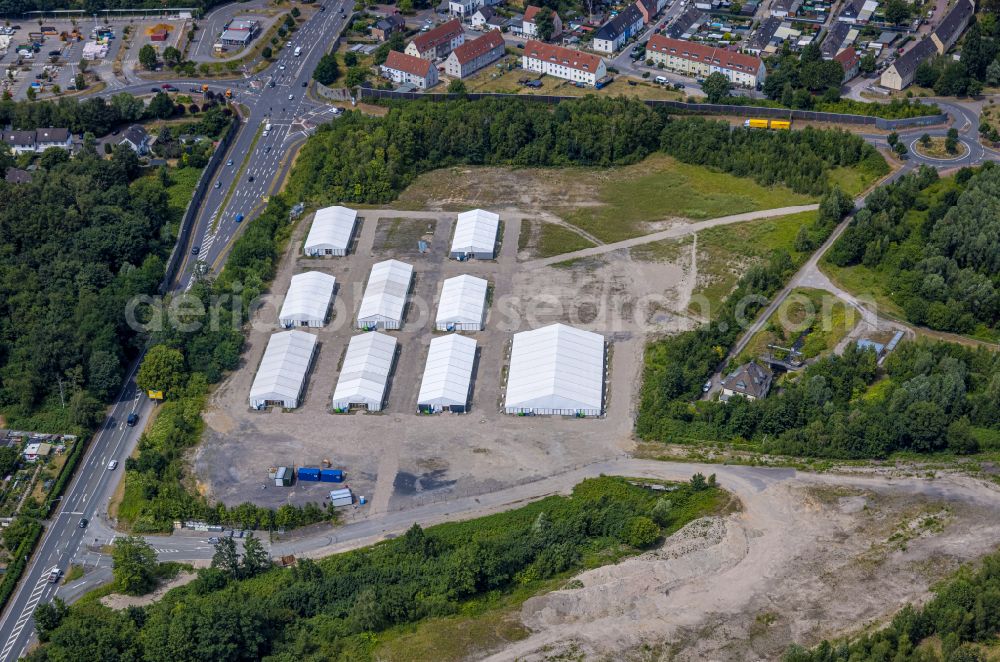 Castrop-Rauxel from the bird's eye view: Refugees Home camp as temporary shelter on street Habinghorster Strasse in the district Habinghorst in Castrop-Rauxel at Ruhrgebiet in the state North Rhine-Westphalia, Germany