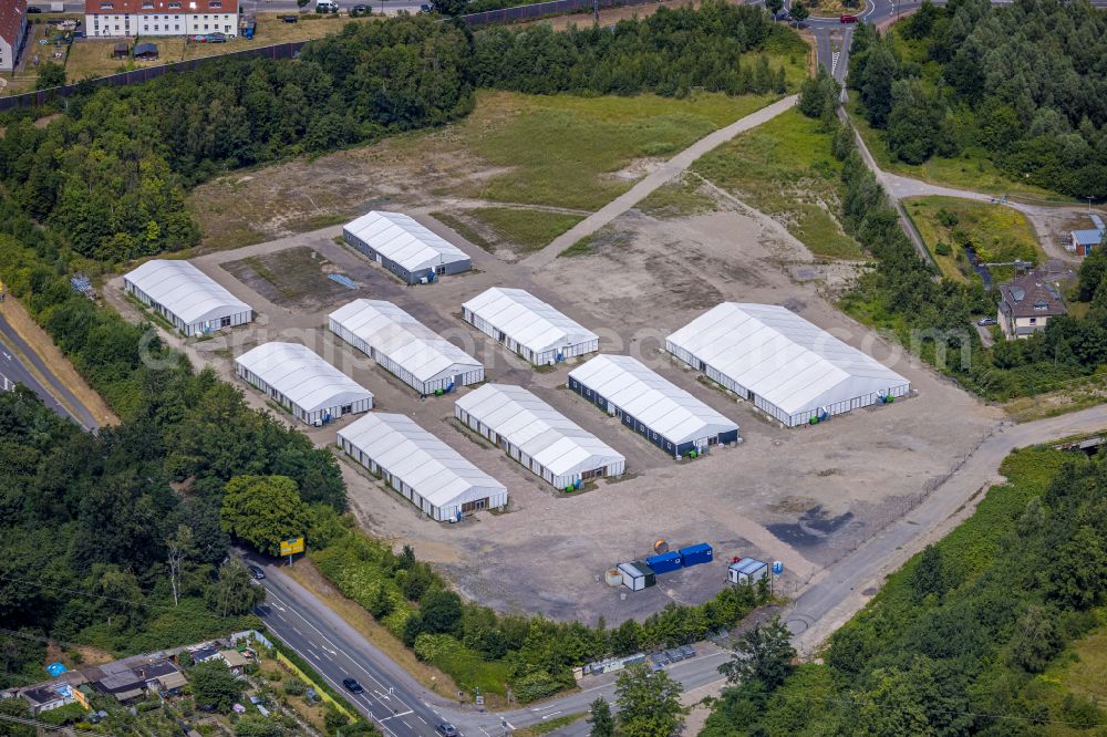 Castrop-Rauxel from above - Refugees Home camp as temporary shelter on street Habinghorster Strasse in the district Habinghorst in Castrop-Rauxel at Ruhrgebiet in the state North Rhine-Westphalia, Germany