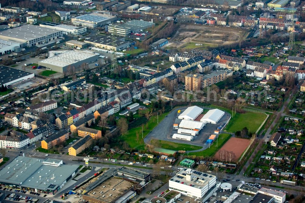 Essen from above - Refugees Home camp as temporary shelter at the Erbsloeh street in Essen in the state North Rhine-Westphalia