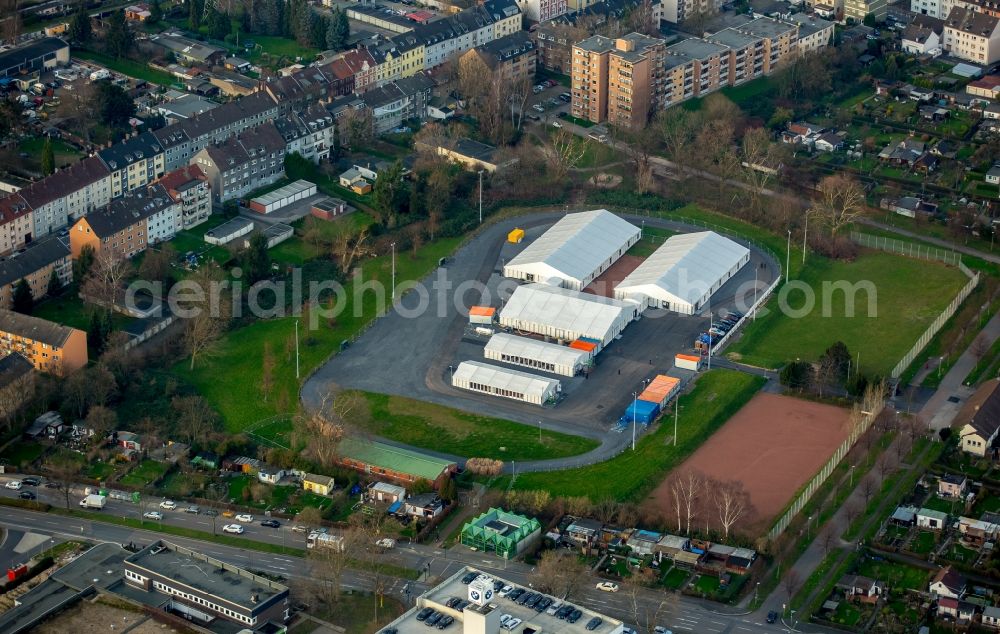 Essen from the bird's eye view: Refugees Home camp as temporary shelter at the Erbsloeh street in Essen in the state North Rhine-Westphalia