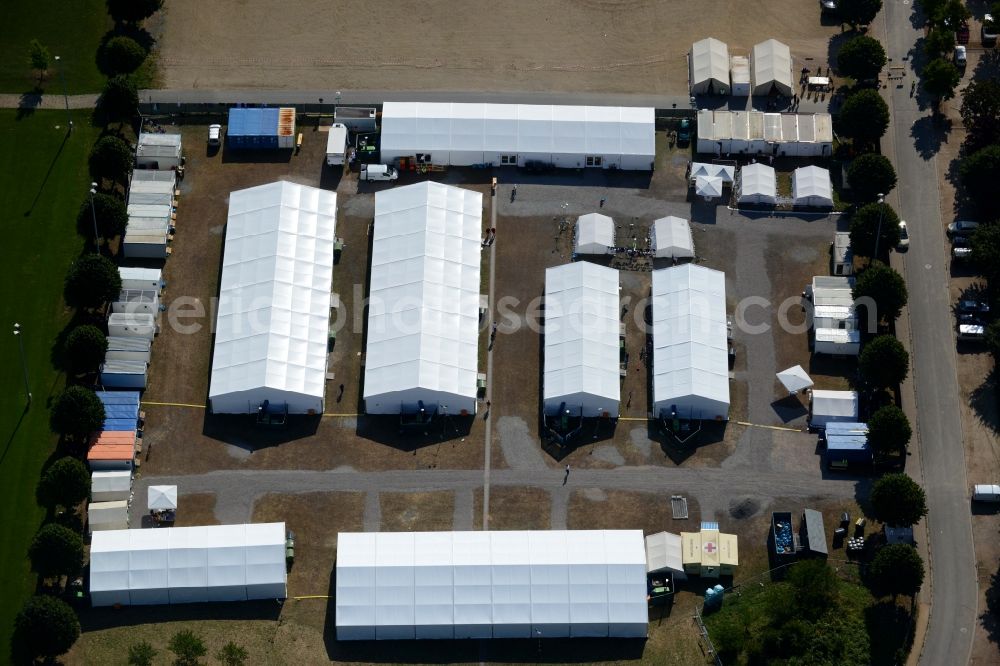 Aerial image Bensheim - Refugees Home camp as temporary shelter on Berliner Ring in Bensheim in the state Hesse