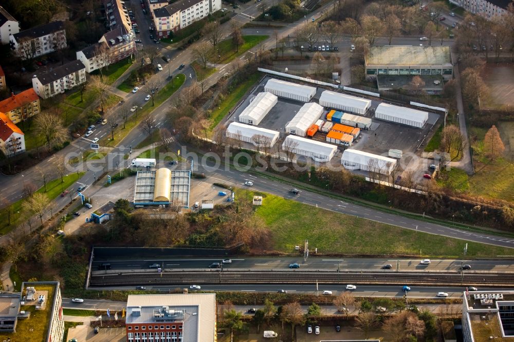 Aerial image Essen - Refugees Home camp as temporary shelter at the Planck street in Essen in the state North Rhine-Westphalia